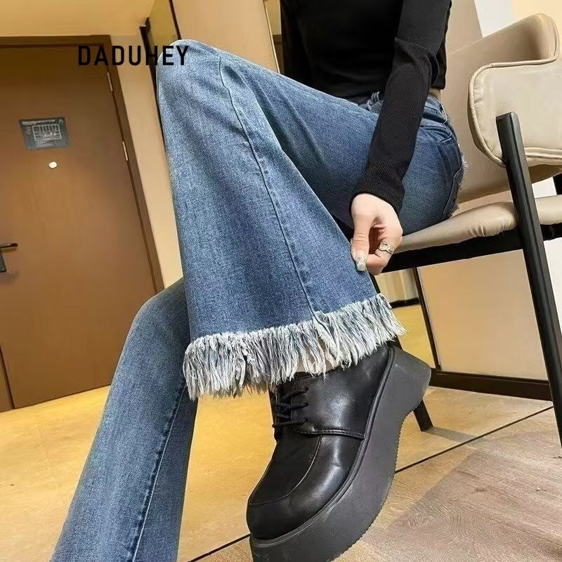 DADUHEY Korean Style Raw Edges Design Small Skinny Women's Jeans New High Waist Elastic Slim Fit Slimming Horseshoe | 954