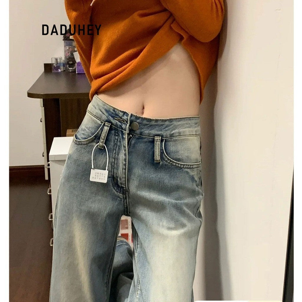 DADUHEY Retro Washed Slightly Flared Jeans Women's New Low Waist Slim Fit Wide Leg Slimming Straight Pants without Sticking Legs | 9147