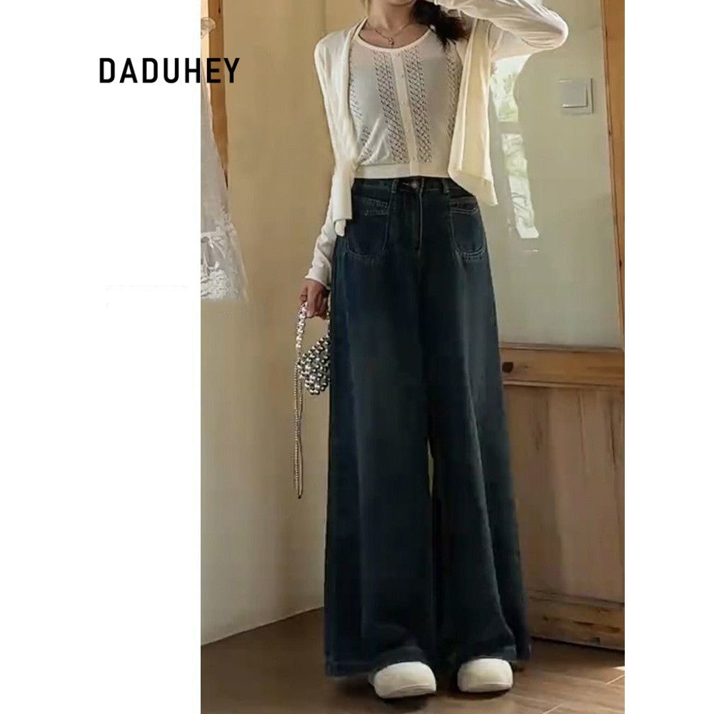 DADUHEY Navy blue A- Style Wide-Leg Jeans for Women New Large Size Loose Slimming Pear Shapes Straight-Leg Pants | 1853