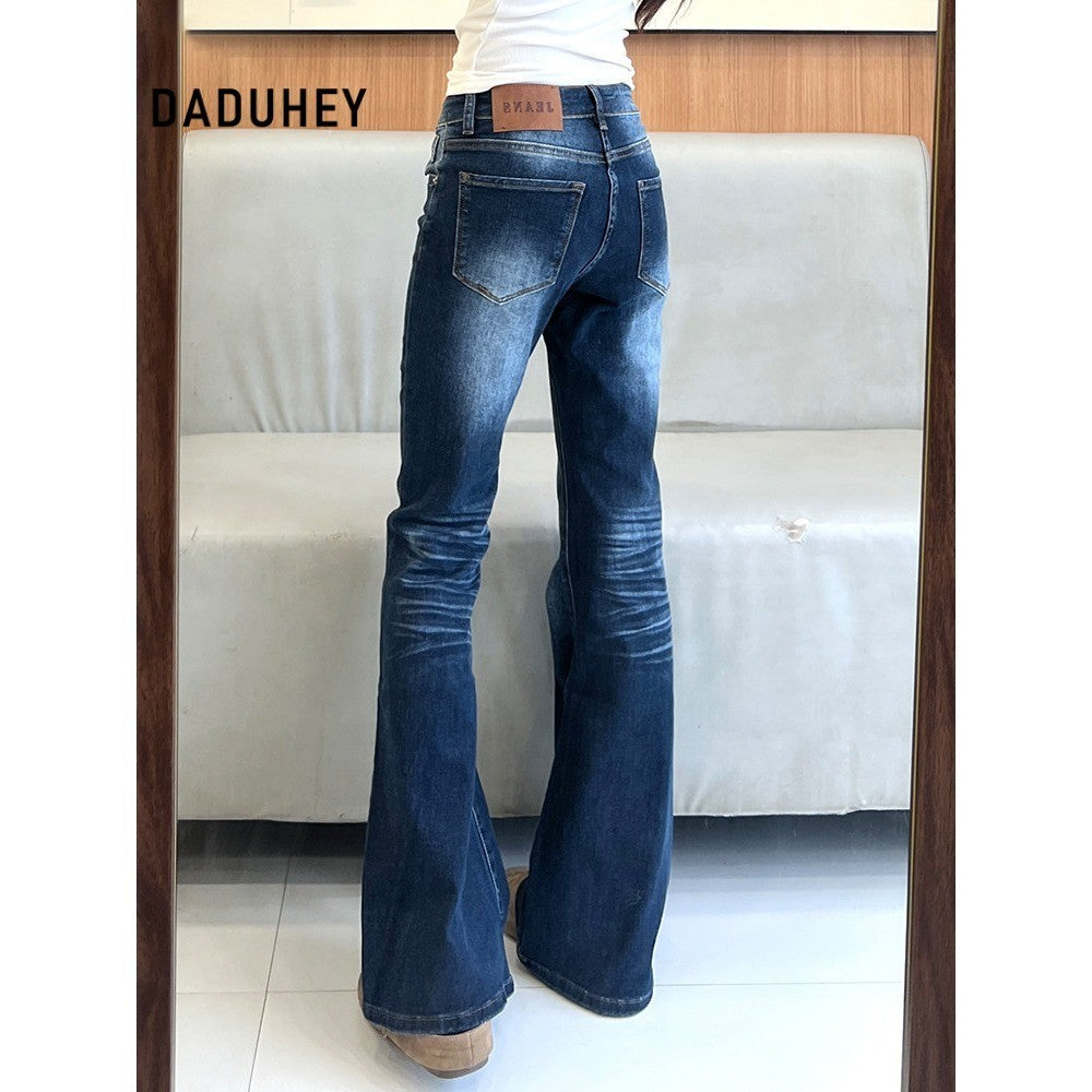 DADUHEY Women's Jeans New Large Size Plump Girls Slim Fit Slimming Cover Versatile Washed Distressed Bootcut Pants | 1917
