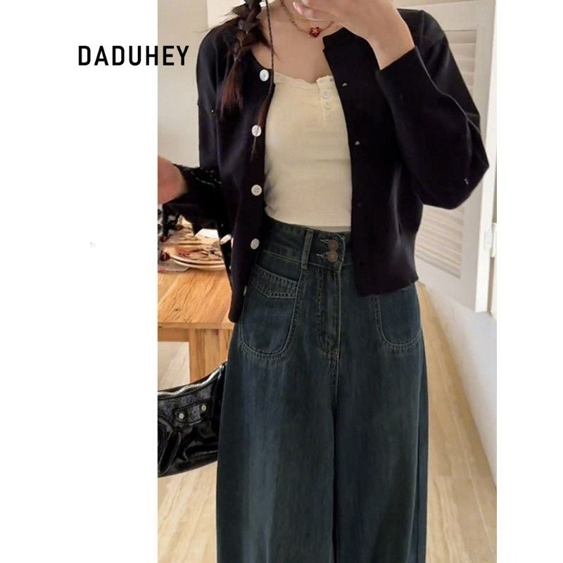 DADUHEY Retro Blue A- Style Wide-Leg Jeans for Women New Large Size Loose Slimming Pear Shapes Straight-Leg Pants | 1853