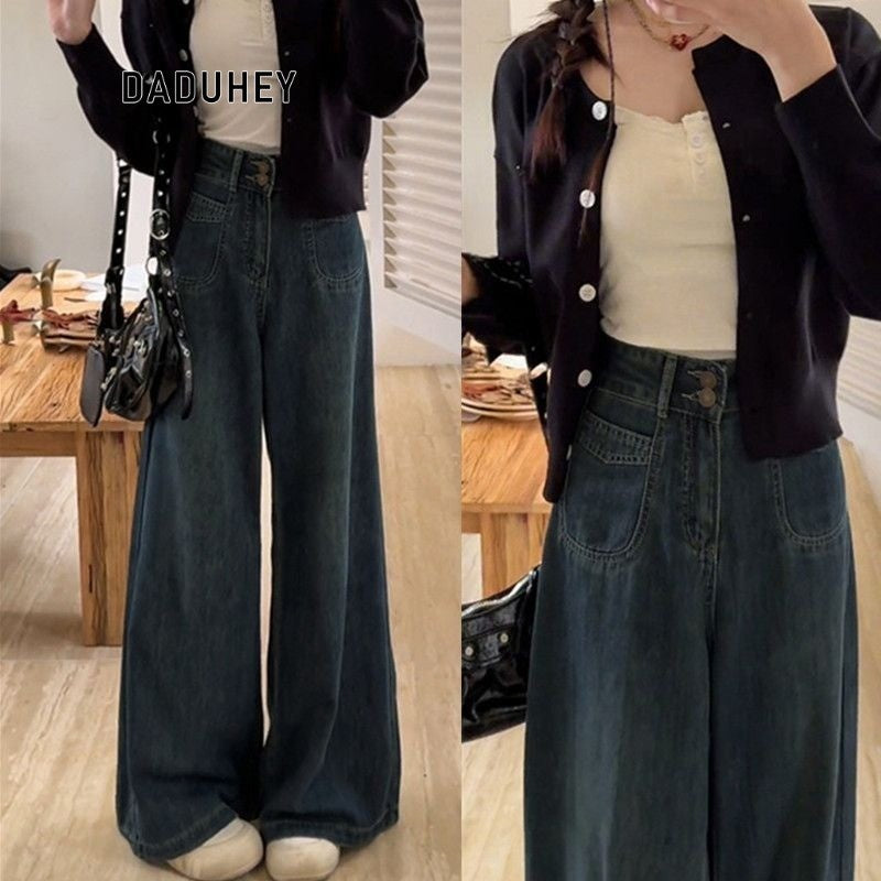DADUHEY Retro Blue A- Style Wide-Leg Jeans for Women New Large Size Loose Slimming Pear Shapes Straight-Leg Pants | 1853