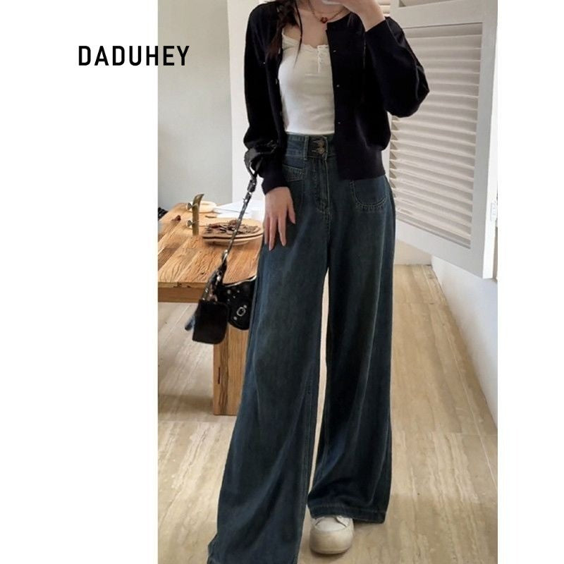DADUHEY Retro Blue A- Style Wide-Leg Jeans for Women New Large Size Loose Slimming Pear Shapes Straight-Leg Pants | 1853