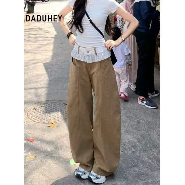 DADUHEY Lace Stitching Jeans Machete Straight Retro New High Waist Slimming Loose Khaki | 195