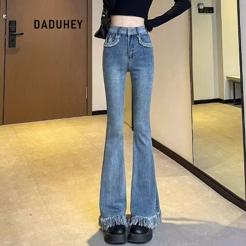DADUHEY Korean Style Raw Edges Design Small Skinny Women's Jeans New High Waist Elastic Slim Fit Slimming Horseshoe | 954