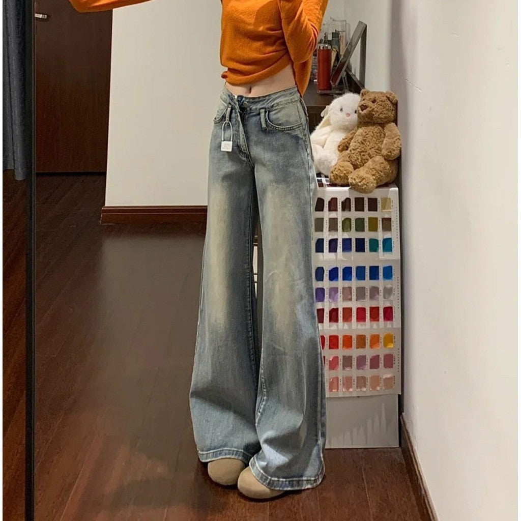 DADUHEY Retro Washed Slightly Flared Jeans Women's New Low Waist Slim Fit Wide Leg Slimming Straight Pants without Sticking Legs | 9147