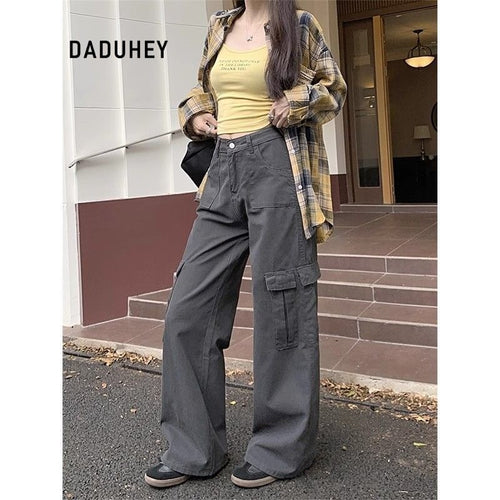 DADUHEY American Retro Gray Wide-Leg Overalls Women's New Design Sense Loose Slimming and Straight Women's Jeans | 1915