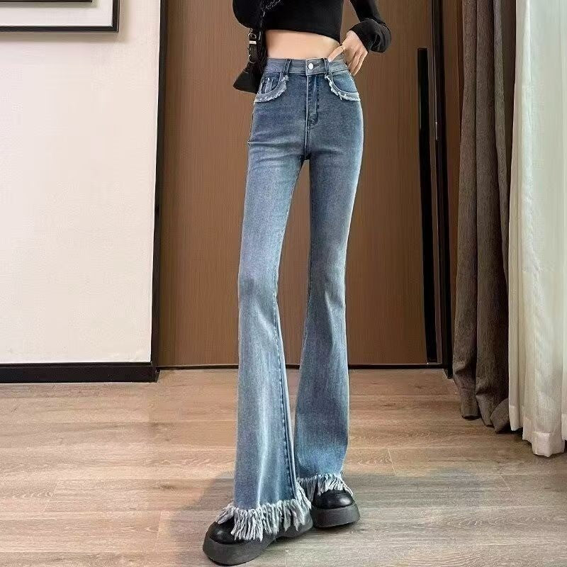 DADUHEY Korean Style Raw Edges Design Small Skinny Women's Jeans New High Waist Elastic Slim Fit Slimming Horseshoe | 954