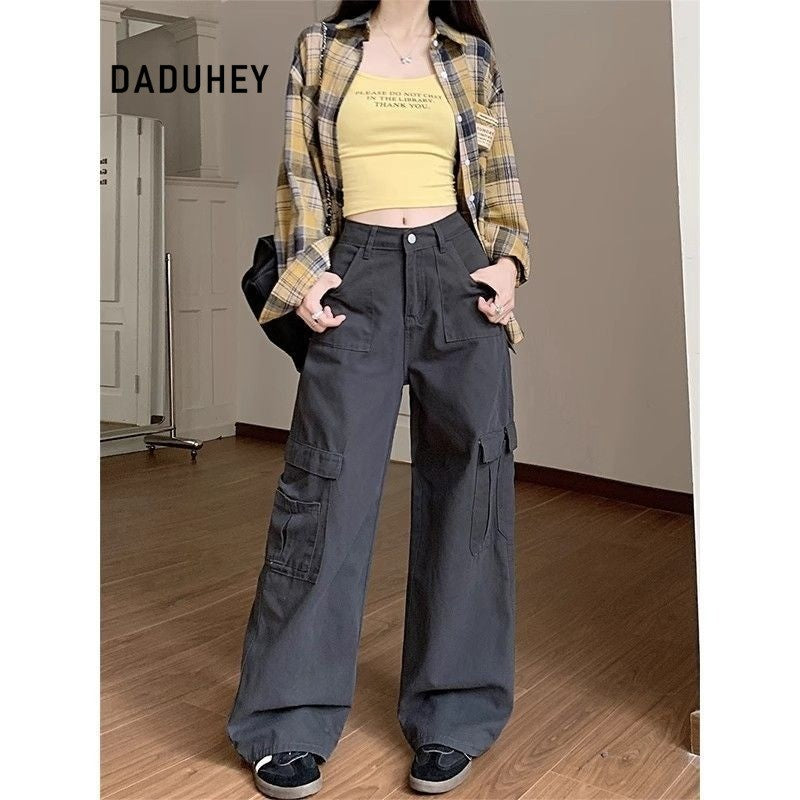 DADUHEY American Retro Gray Wide-Leg Overalls Women's New Design Sense Loose Slimming and Straight Women's Jeans | 1915