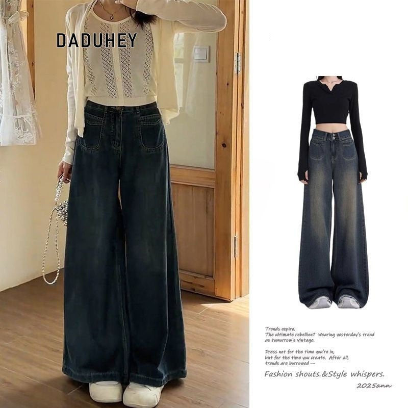 DADUHEY Navy blue A- Style Wide-Leg Jeans for Women New Large Size Loose Slimming Pear Shapes Straight-Leg Pants | 1853