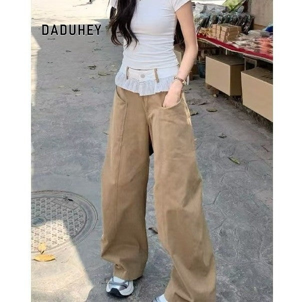 DADUHEY Lace Stitching Jeans Machete Straight Retro New High Waist Slimming Loose Khaki | 195