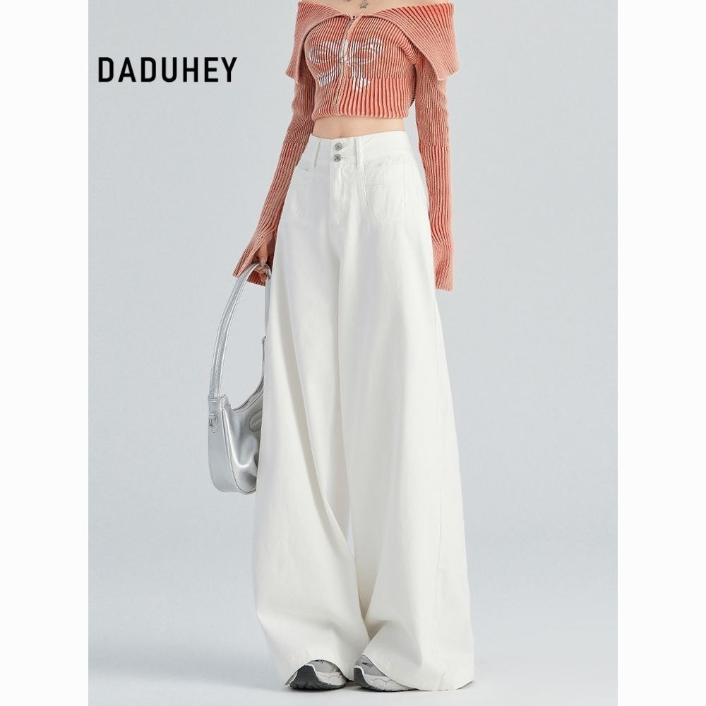 DADUHEY White All-Matching Wide Leg Jeans Women's New Fashion High Waist Loose and Slimming Drooping Straight Mop Pants | 1853