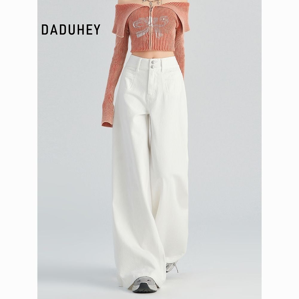 DADUHEY White All-Matching Wide Leg Jeans Women's New Fashion High Waist Loose and Slimming Drooping Straight Mop Pants | 1853