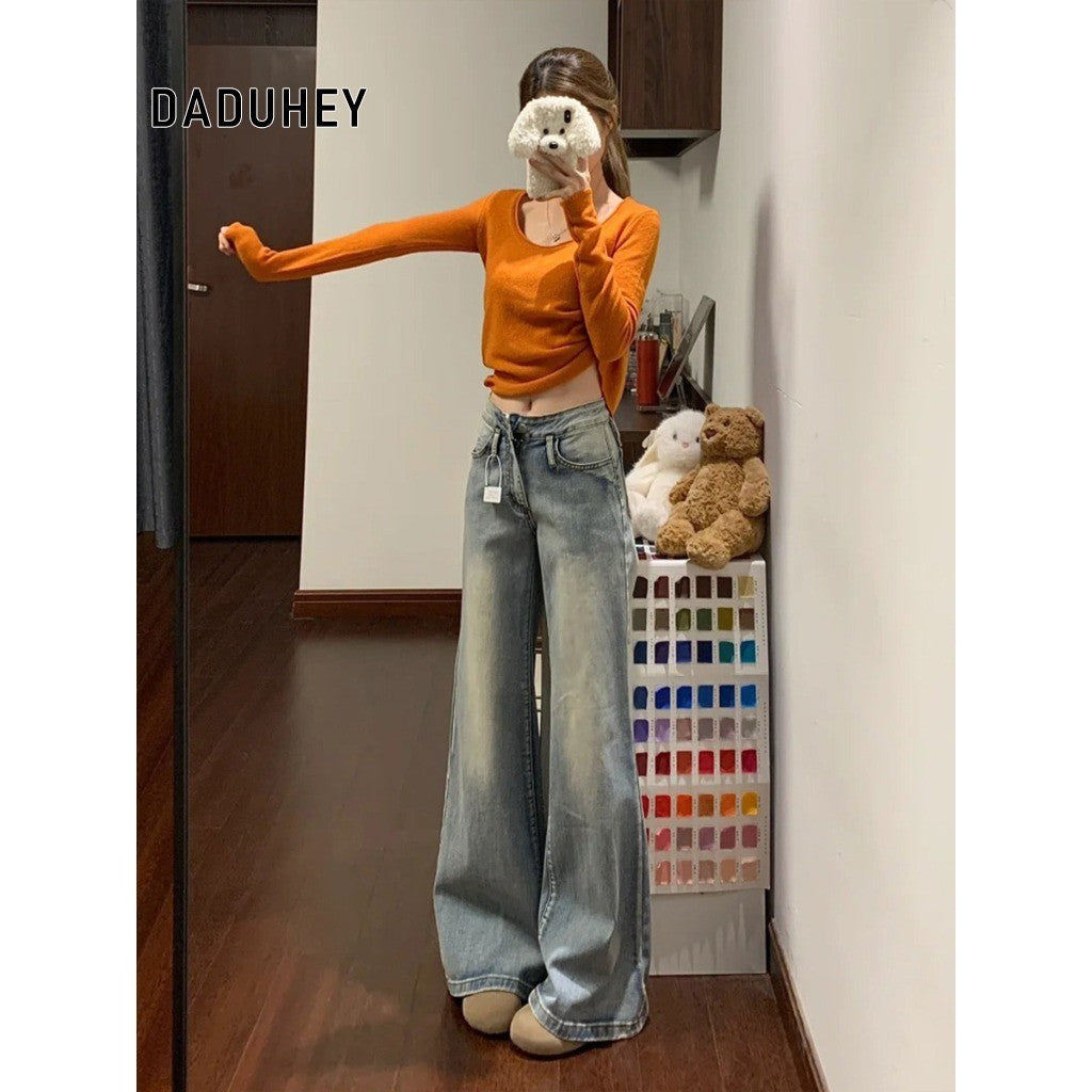 DADUHEY Retro Washed Slightly Flared Jeans Women's New Low Waist Slim Fit Wide Leg Slimming Straight Pants without Sticking Legs | 9147