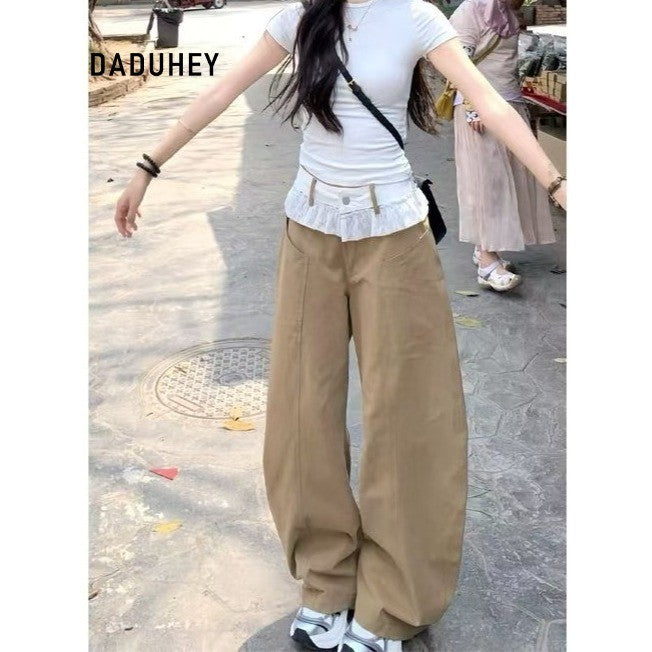 DADUHEY Lace Stitching Jeans Machete Straight Retro New High Waist Slimming Loose Khaki | 195