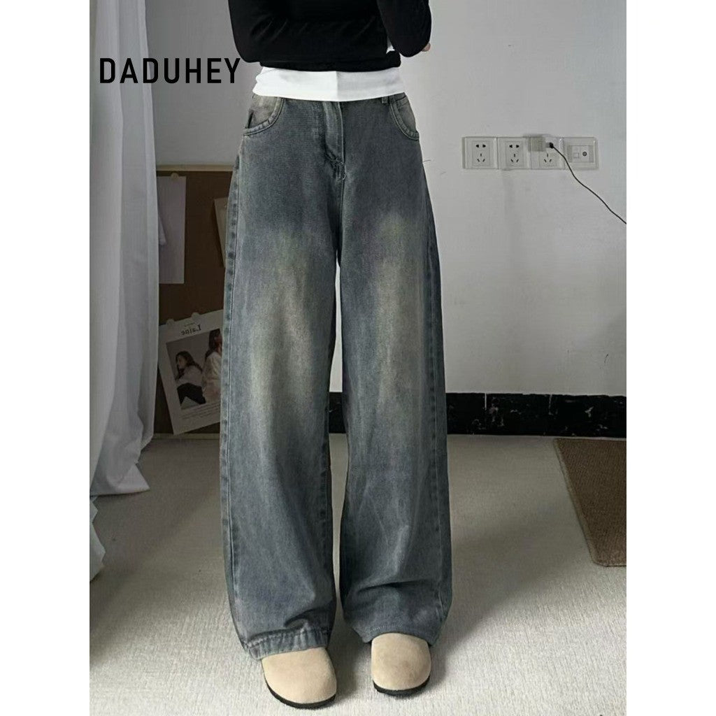 DADUHEY American Retro Straight New High Waist Slimming Draping Wide Leg Mop Jeans for Women | 1840