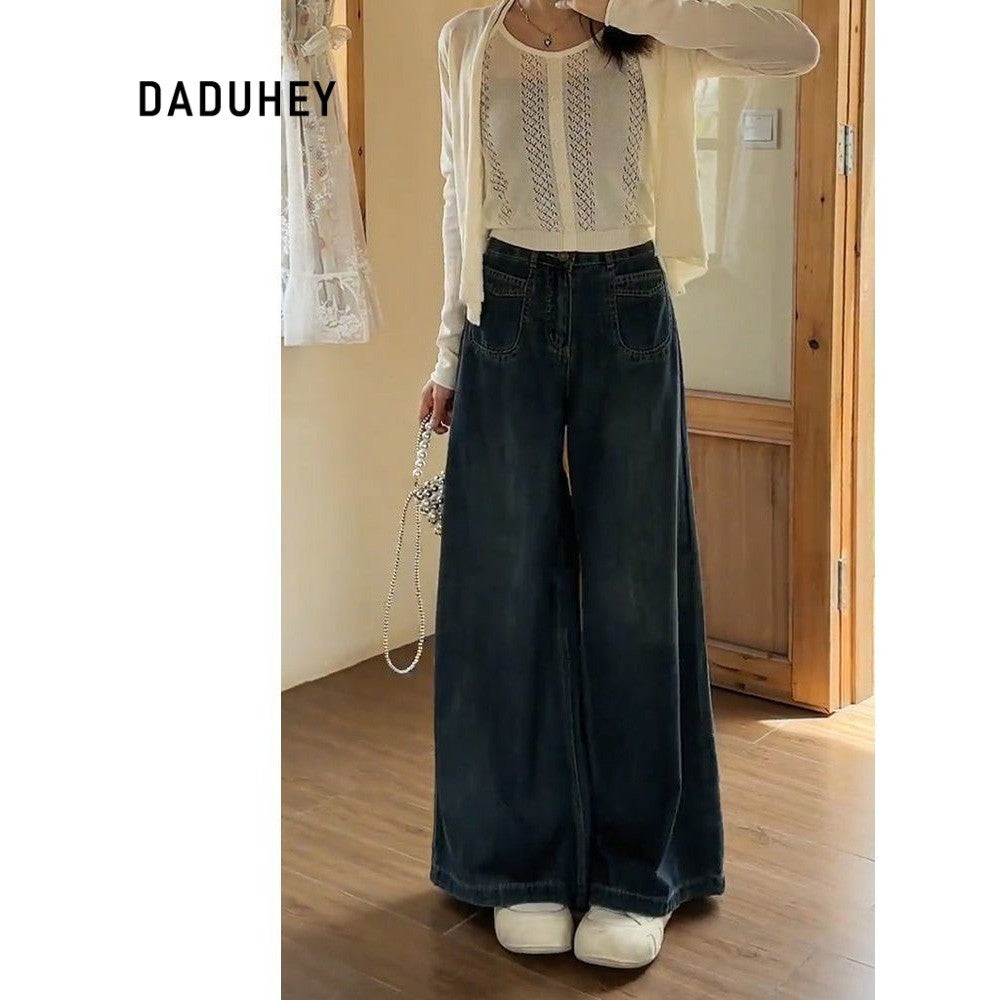 DADUHEY Navy blue A- Style Wide-Leg Jeans for Women New Large Size Loose Slimming Pear Shapes Straight-Leg Pants | 1853