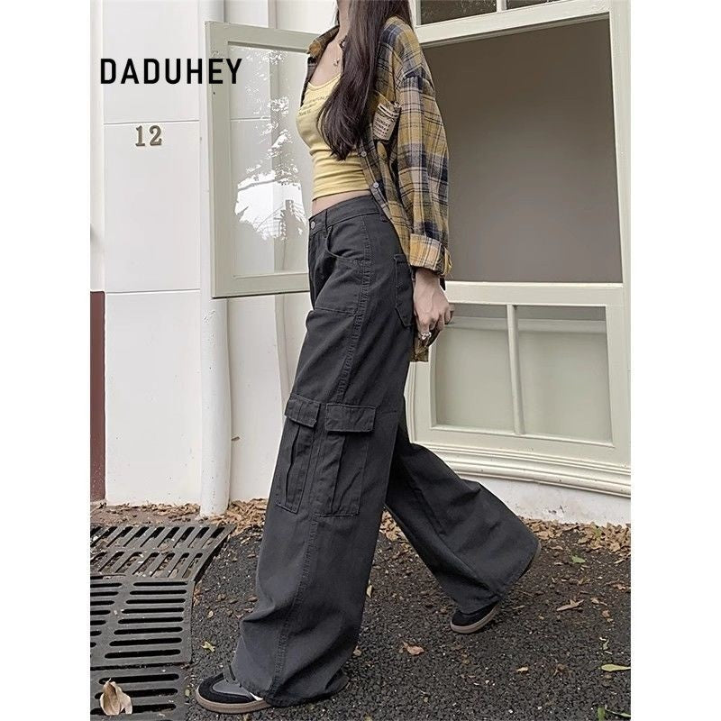 DADUHEY American Retro Gray Wide-Leg Overalls Women's New Design Sense Loose Slimming and Straight Women's Jeans | 1915