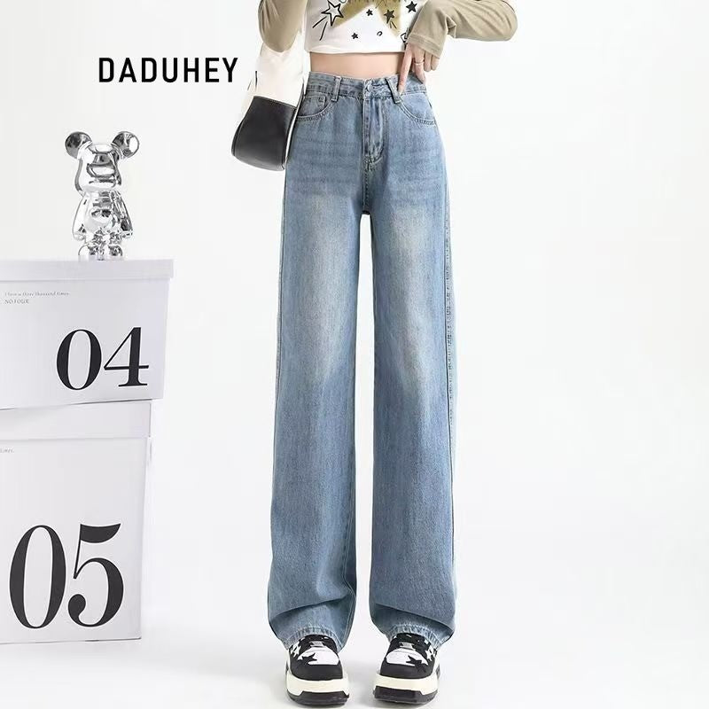 DADUHEY Women's Light Blue Narrow Wide-Leg Jeans New High Waist Slimming and Straight Small Mop Pants | 154