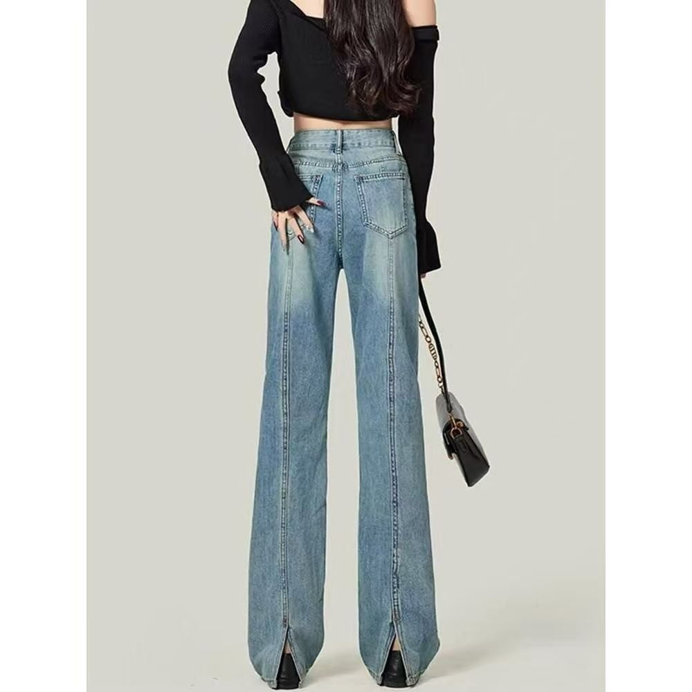 DADUHEY Women's Light Blue Narrow Wide-Leg Jeans New High Waist Slimming and Straight Small Mop Pants | 154