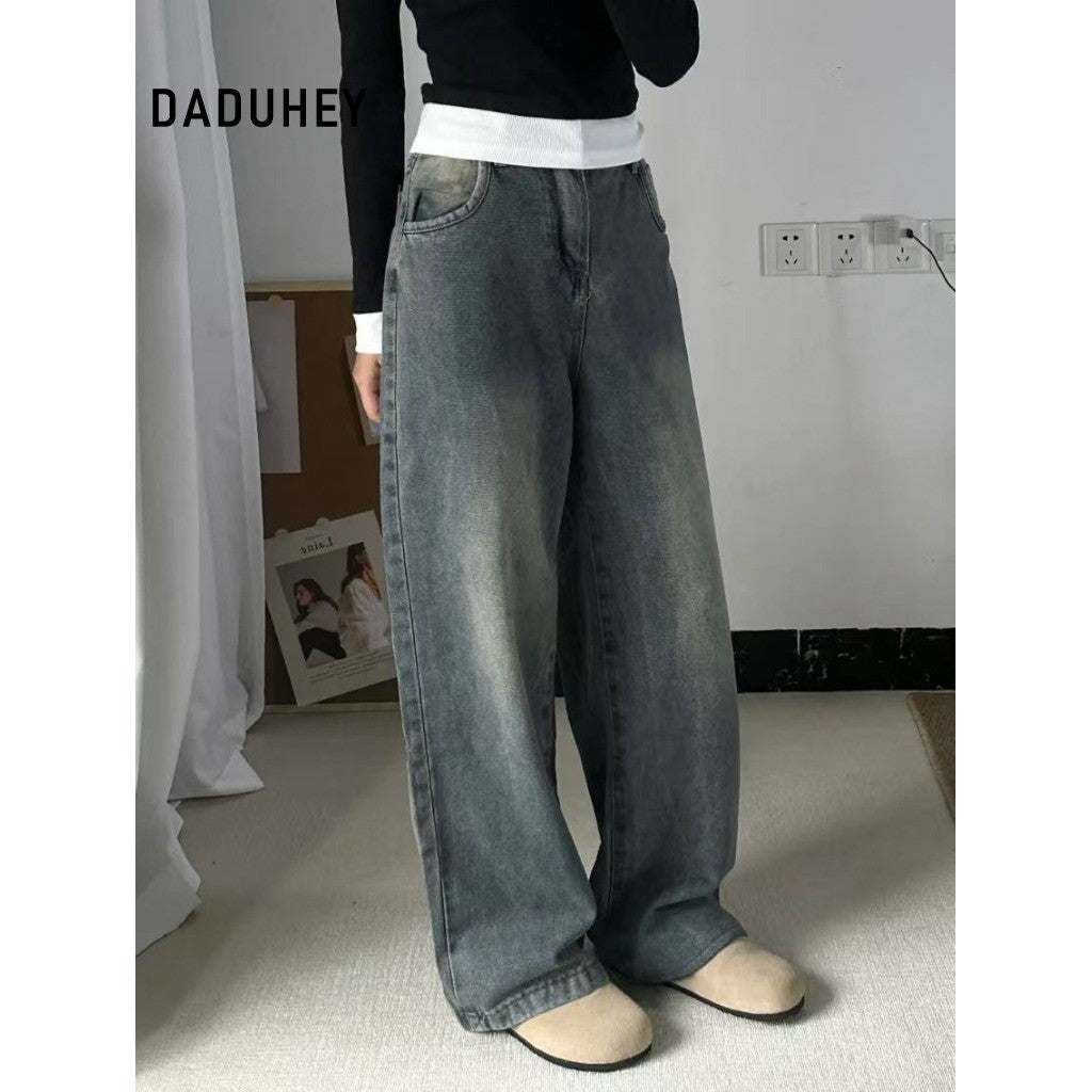 DADUHEY American Retro Straight New High Waist Slimming Draping Wide Leg Mop Jeans for Women | 1840