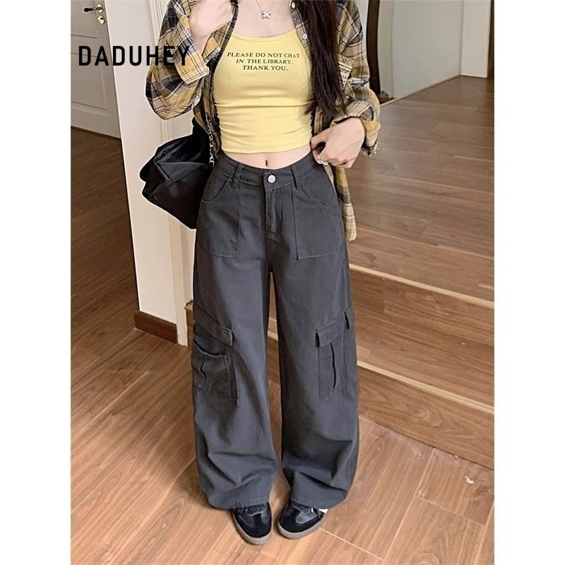 DADUHEY American Retro Gray Wide-Leg Overalls Women's New Design Sense Loose Slimming and Straight Women's Jeans | 1915