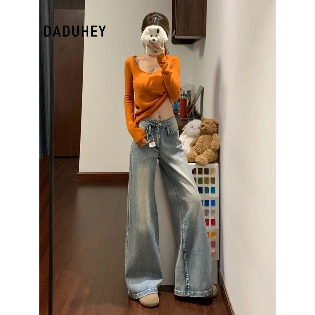 DADUHEY Retro Washed Slightly Flared Jeans Women's New Low Waist Slim Fit Wide Leg Slimming Straight Pants without Sticking Legs | 9147