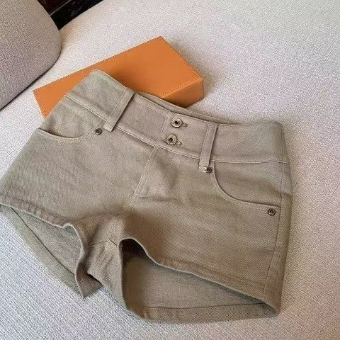 DADUHEY Khaki Slim-Fit Elastic Denim Shorts Women | 535