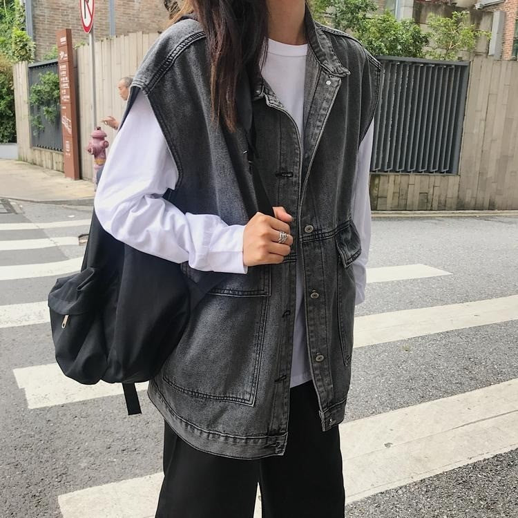 DADUHEY Retro V-neck Loose All-Matching Western Style Workwear Outer Wear Sleeveless Denim Vest Women