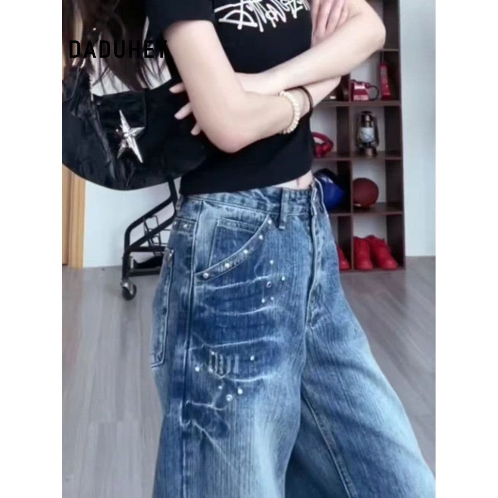 DADUHEY Women's American-Style Rivet Vintage Jeans Loose New Casual Figure Flattering Straight-Leg Pants | 9072