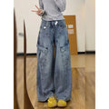 DADUHEY Cargo Jeans Women's Retro Washed Multi-Pocket Design Wide Leg Loose Straight Pants | 9076
