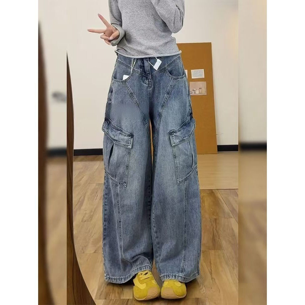 DADUHEY Cargo Jeans Women's Retro Washed Multi-Pocket Design Wide Leg Loose Straight Pants | 9076