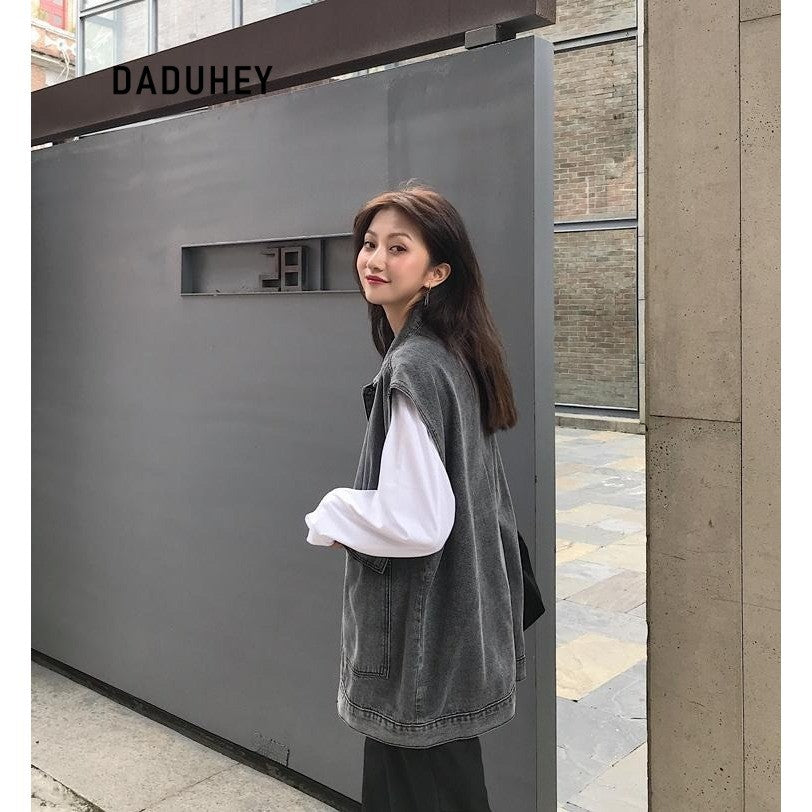 DADUHEY Retro V-neck Loose All-Matching Western Style Workwear Outer Wear Sleeveless Denim Vest Women