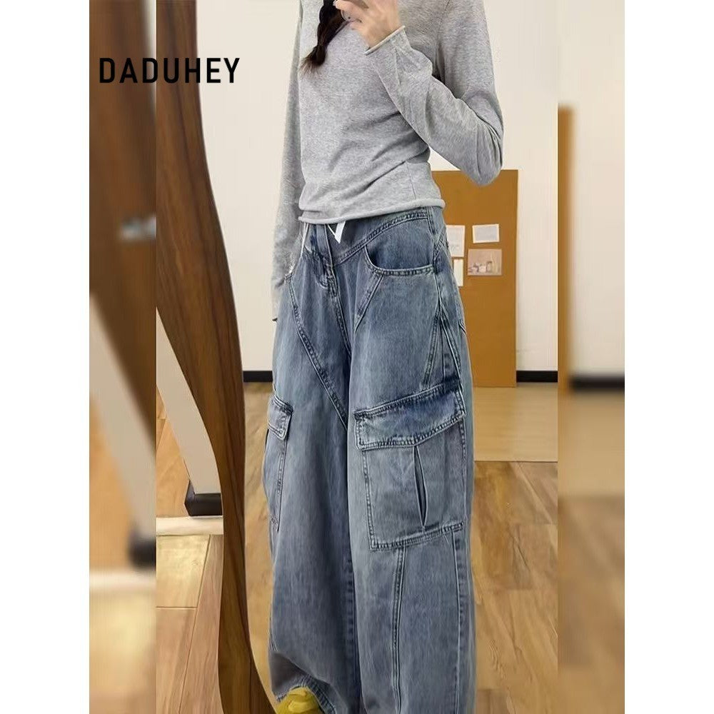 DADUHEY Cargo Jeans Women's Retro Washed Multi-Pocket Design Wide Leg Loose Straight Pants | 9076