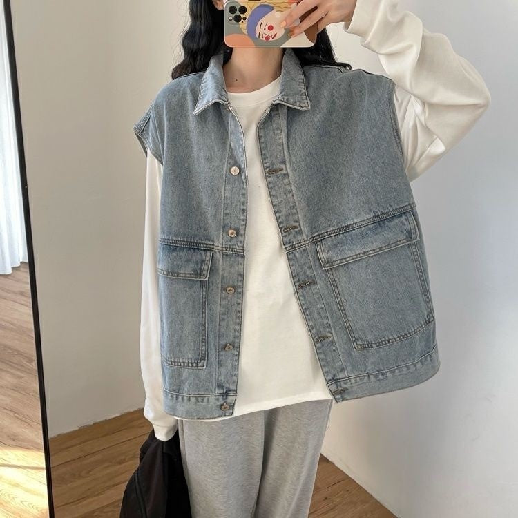 DADUHEY Retro V-neck Loose All-Matching Western Style Workwear Outer Wear Sleeveless Denim Vest Women