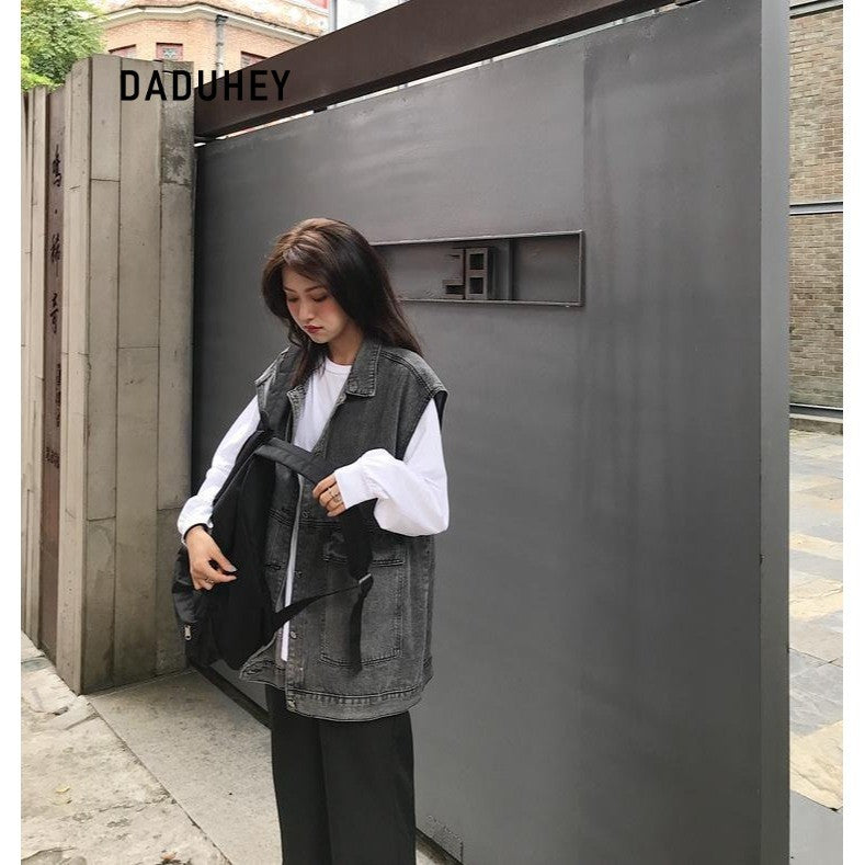 DADUHEY Retro V-neck Loose All-Matching Western Style Workwear Outer Wear Sleeveless Denim Vest Women