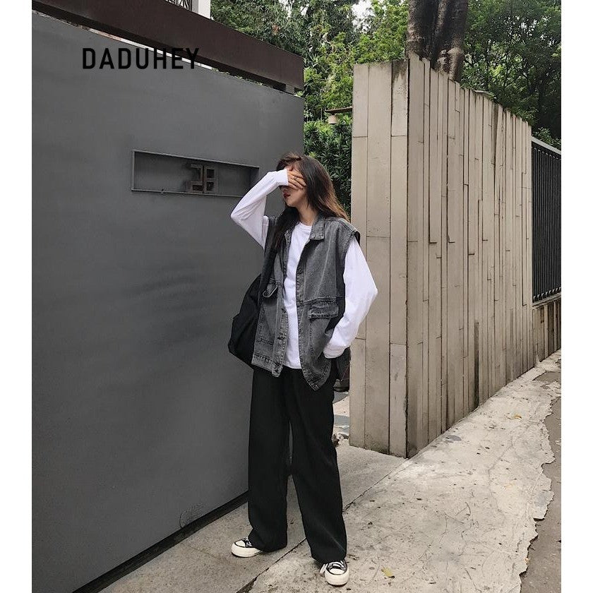 DADUHEY Retro V-neck Loose All-Matching Western Style Workwear Outer Wear Sleeveless Denim Vest Women