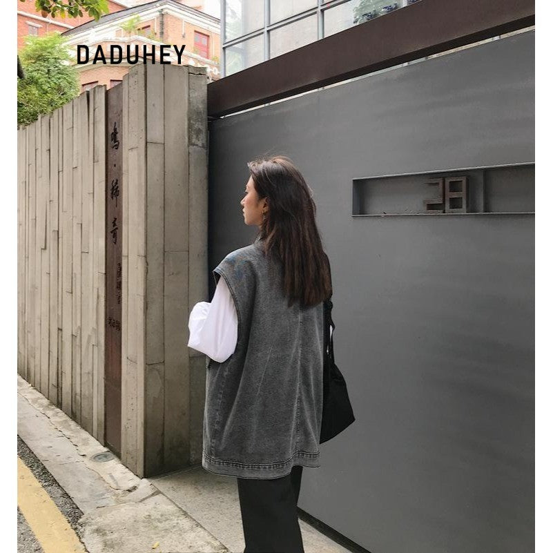 DADUHEY Retro V-neck Loose All-Matching Western Style Workwear Outer Wear Sleeveless Denim Vest Women