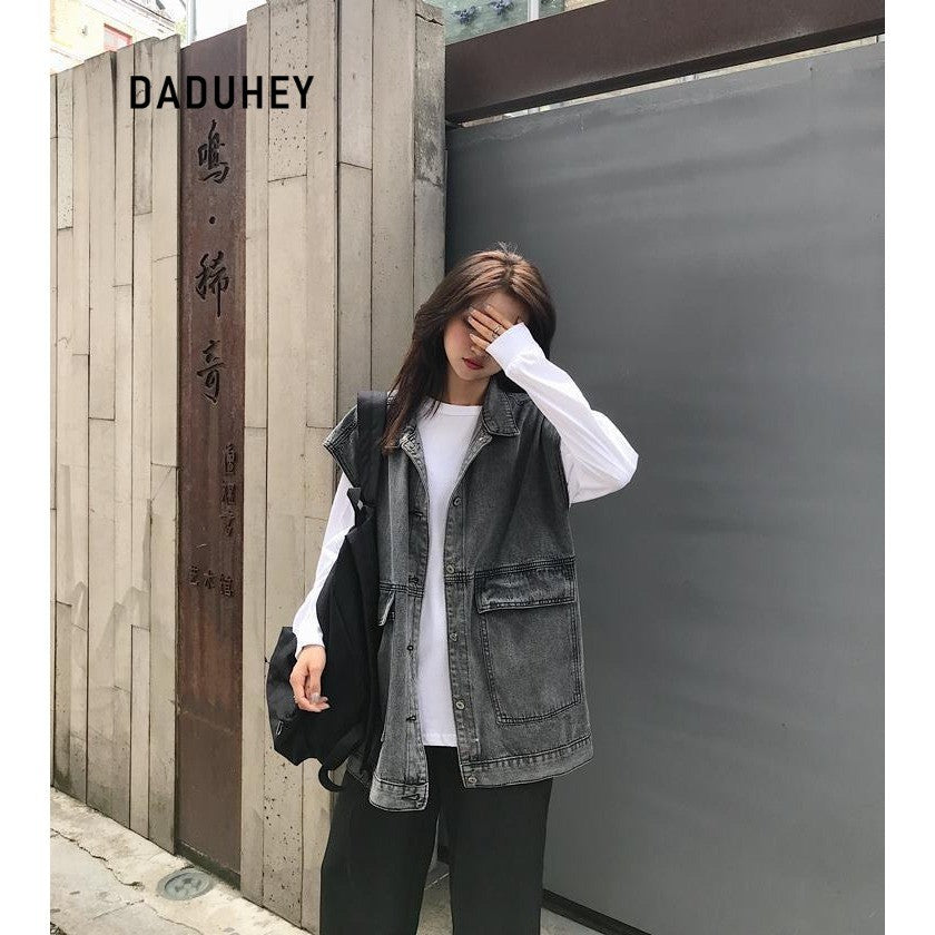 DADUHEY Retro V-neck Loose All-Matching Western Style Workwear Outer Wear Sleeveless Denim Vest Women