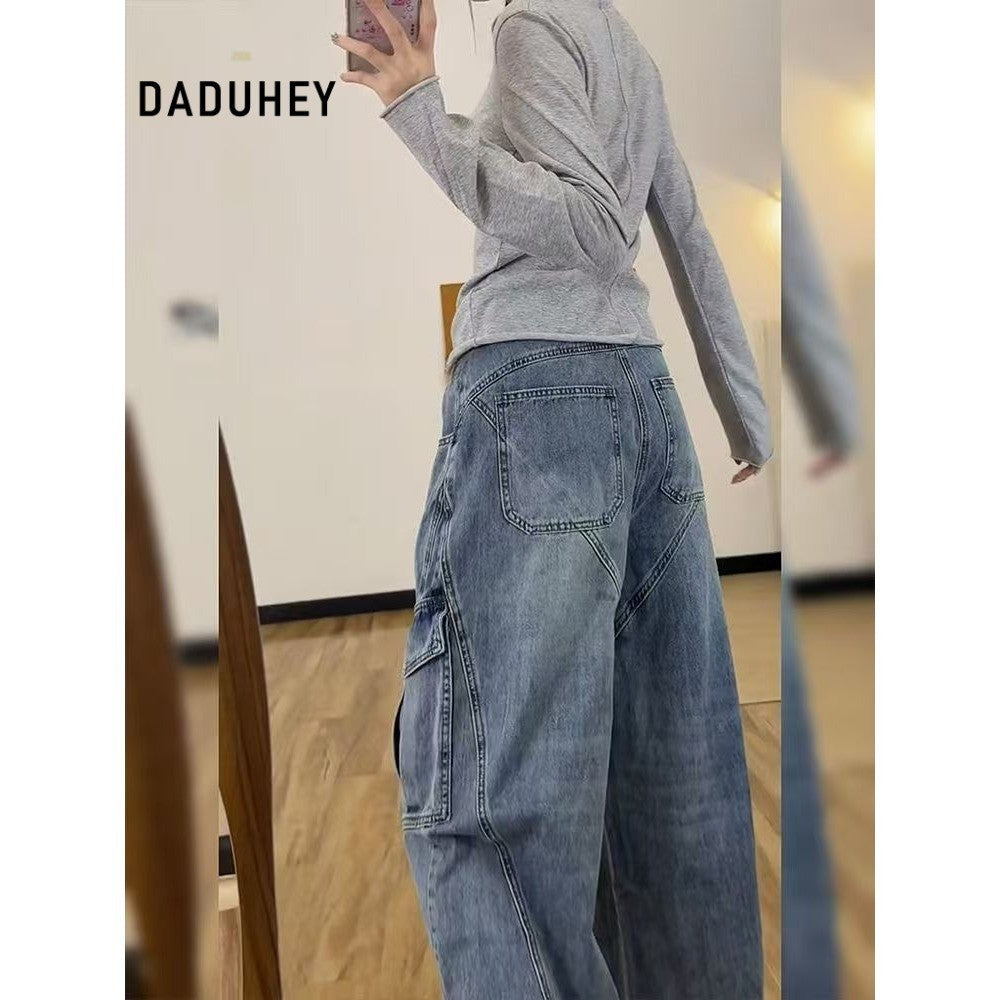 DADUHEY Cargo Jeans Women's Retro Washed Multi-Pocket Design Wide Leg Loose Straight Pants | 9076