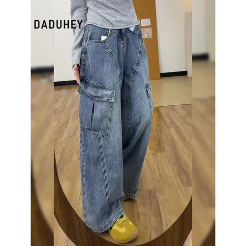 DADUHEY Cargo Jeans Women's Retro Washed Multi-Pocket Design Wide Leg Loose Straight Pants | 9076