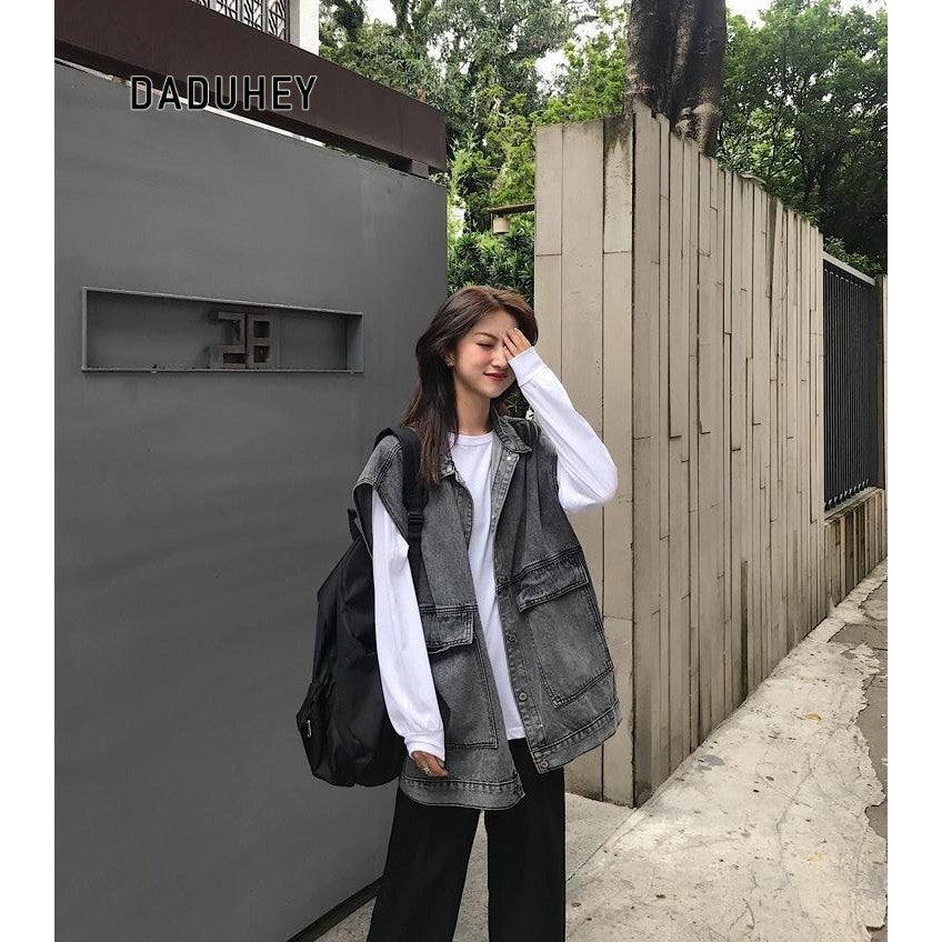 DADUHEY Retro V-neck Loose All-Matching Western Style Workwear Outer Wear Sleeveless Denim Vest Women