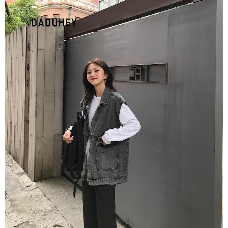 DADUHEY Retro V-neck Loose All-Matching Western Style Workwear Outer Wear Sleeveless Denim Vest Women