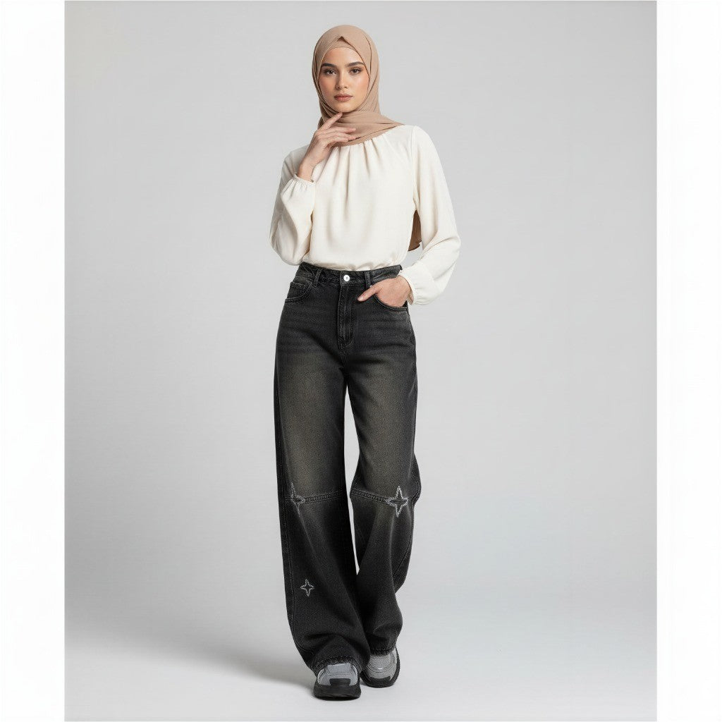DADUHEY Women's Jeans Black Gray Embroidery Loose Figure Flattering Wide Leg Pants | 171