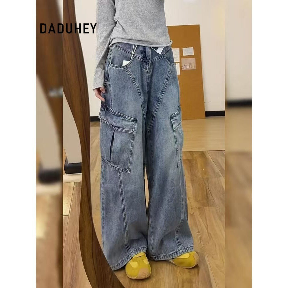 DADUHEY Cargo Jeans Women's Retro Washed Multi-Pocket Design Wide Leg Loose Straight Pants | 9076