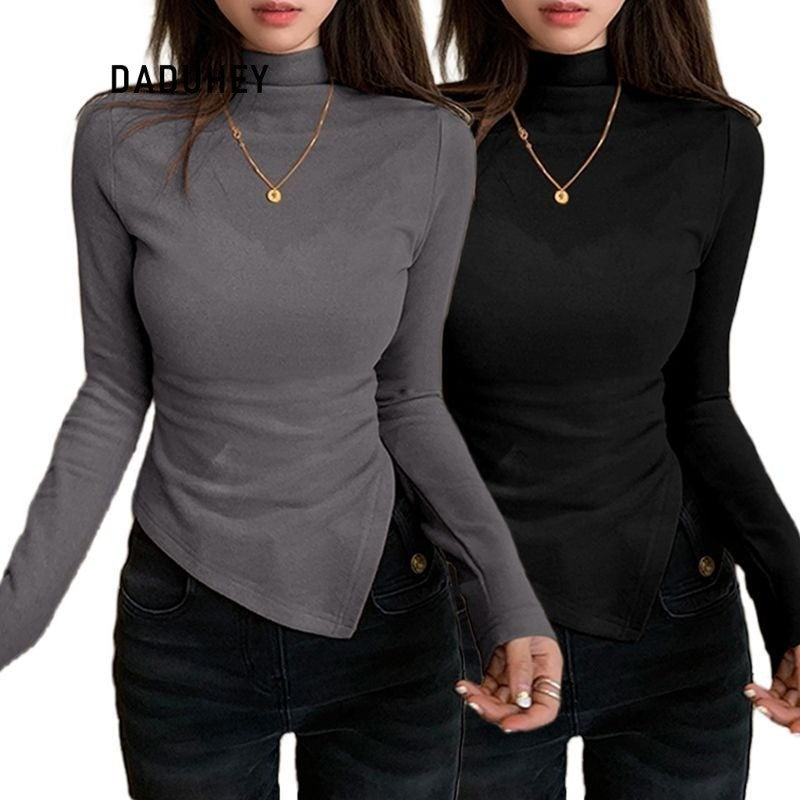 DADUHEY Gray Half Turtleneck Bottoming Shirt Women's Autumn and Winter New Dralon Irregularly Slimming Long Sleeve | Dr1042