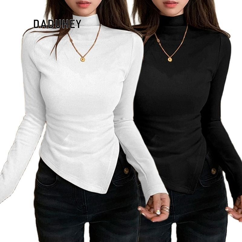 DADUHEY Gray Half Turtleneck Bottoming Shirt Women's Autumn and Winter New Dralon Irregularly Slimming Long Sleeve | Dr1042