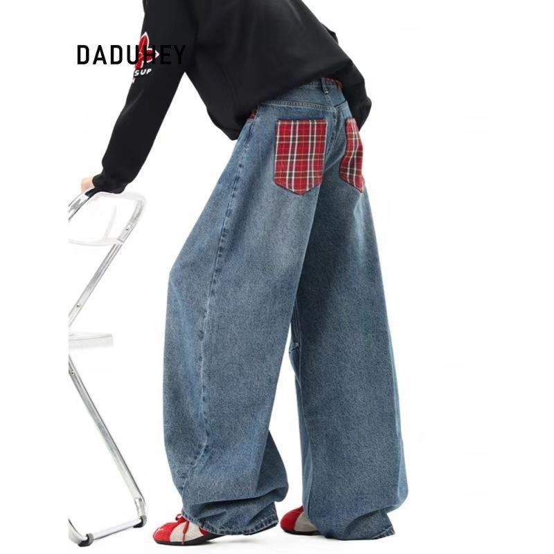 DADUHEY Plaid Stitching Washed Machete Jeans Loose Slimming Draping Wide Leg Pants | 9095