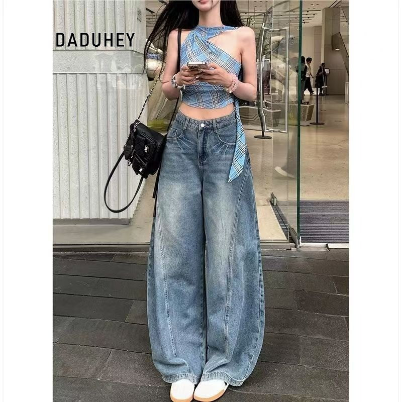 DADUHEY Blue Wide Leg Jeans Women's Vintage American Washed Crack Matchet Pants | 9100