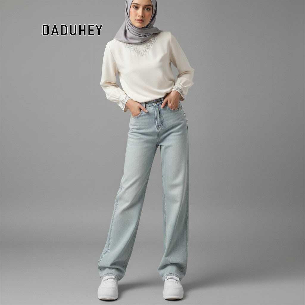 DADUHEY Light Blue Straight Jeans Ladies New High Waist Slimming All-Matching Drooping Wide-Leg Pants Ins | 135